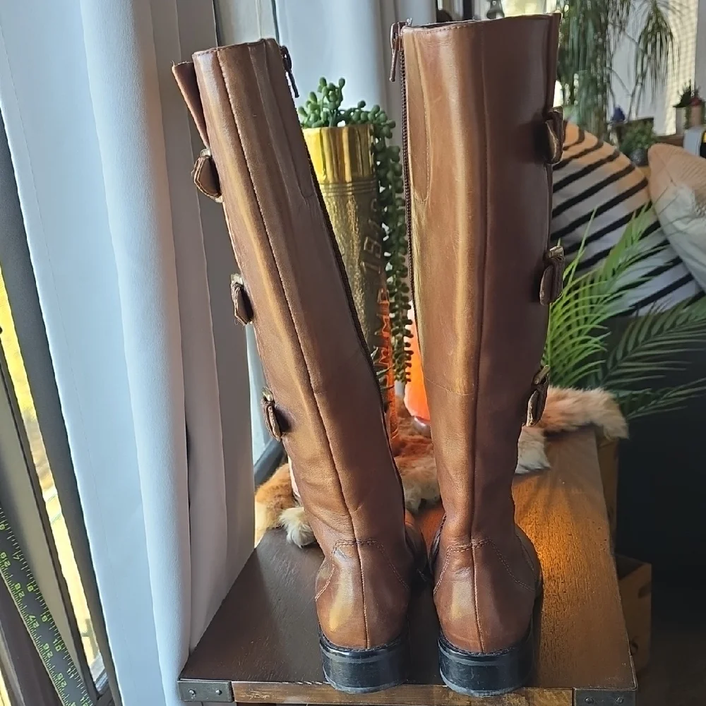 Ecco Brown Knee High Leather Moto Boots with Buckles 37
